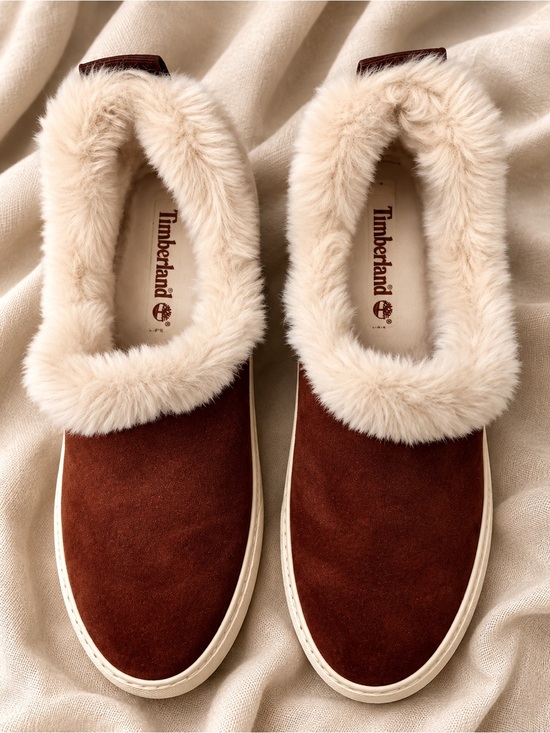 Timberland Shoes - Timberland Women's Chestnut Suede Slip-On Slippers with Cream Fur Trim